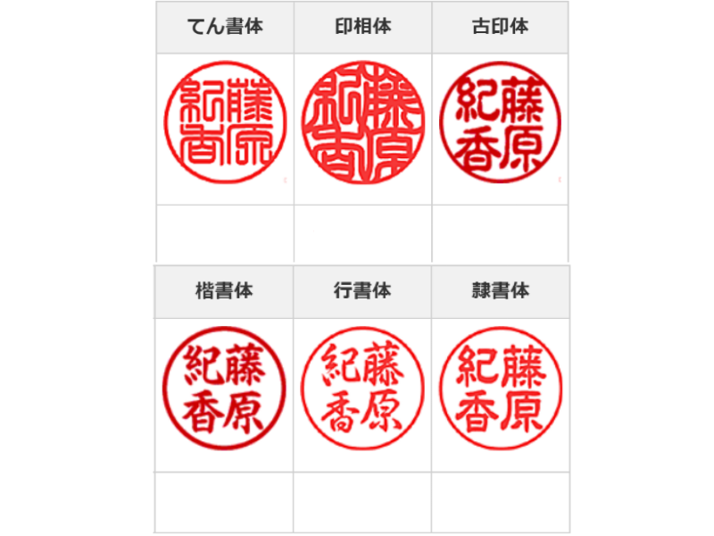 　６書体からお選びいただけます。お好みですが篆書体〈てんしょたい）、印相体（いんそうたい）が人気の書体です。※ 12.0ミリサイズは苗字かお名前の彫刻となります。たて彫りか横彫りかのご指定がある場合は備考欄にお書き添えください。